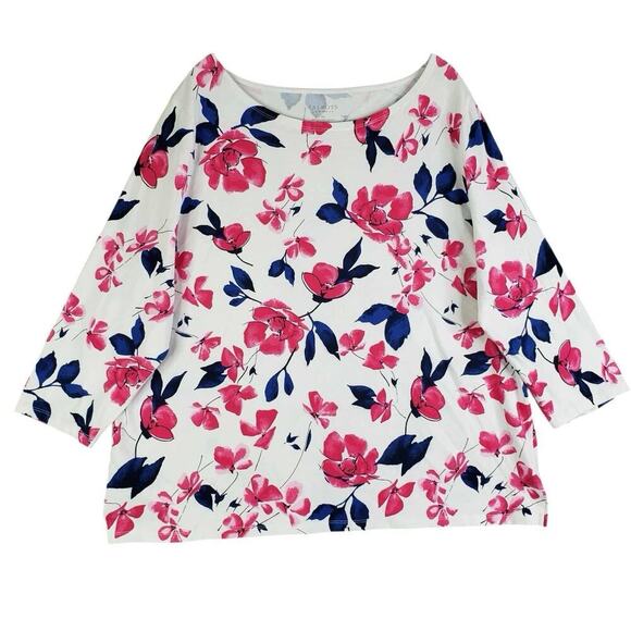 Talbots Shirt Women’s Plus Size 3X Striped Long Sleeve Cotton White Floral - Picture 2 of 8